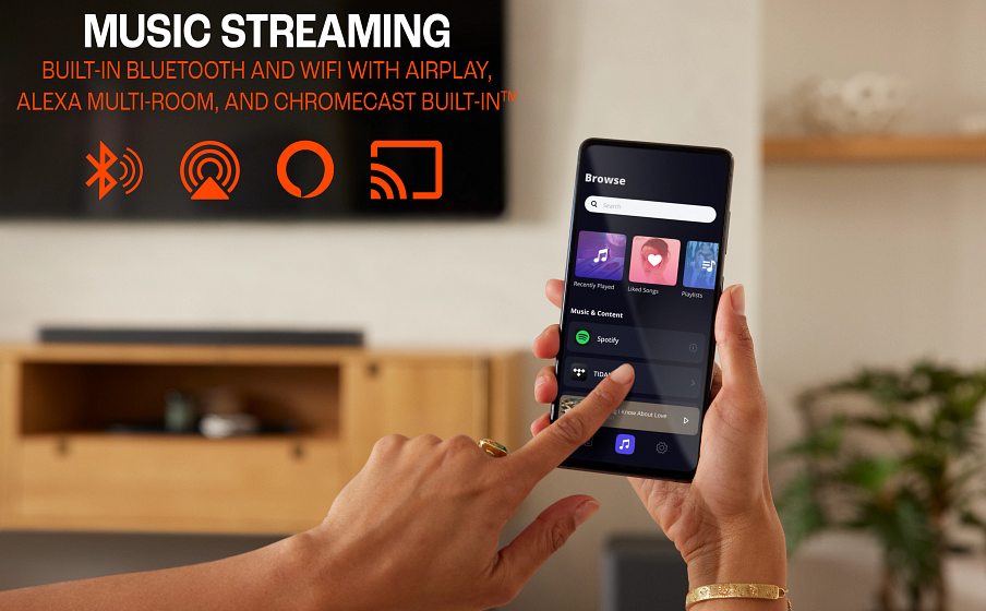 Wi-Fi t&iacute;ch hợp với AirPlay, Alexa Multi-Room Music v&agrave; Chromecast t&iacute;ch hợp&trade;